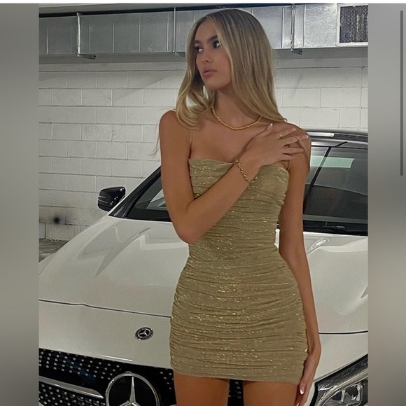 House of CB ELLA Metallic Gold Ruched Organza Mesh Mini Dress New With Tags! - Picture 3 of 14